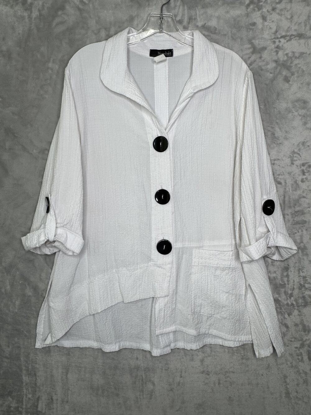 Moonlight Y&S Shirt Womens Large Wearable Art White Textured Button Front Boho